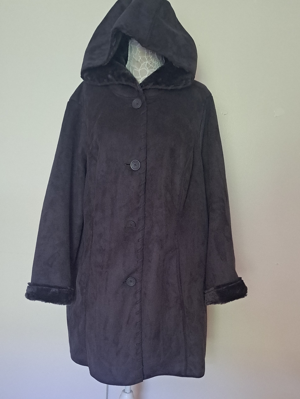 D & CO. Women's Black Hooded Faux Fur Trim Coat 100% Polyester